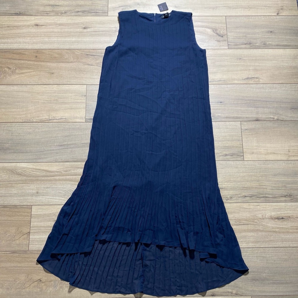 Club Monaco Womens Pleated High Low Dress Size 8 Navy Blue Lined Sleeveless